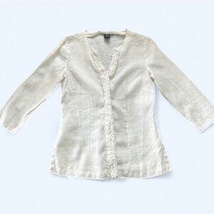Vintage Cream 100% Linen Ruffled Blouse Size S